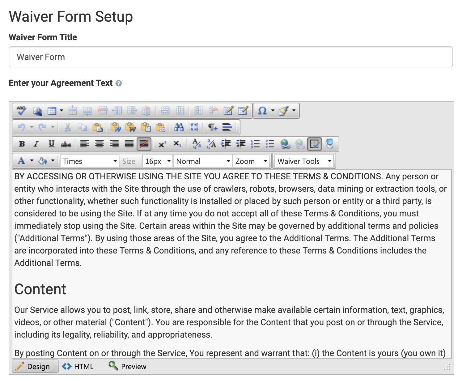 Setup waiver form with the rich text editor